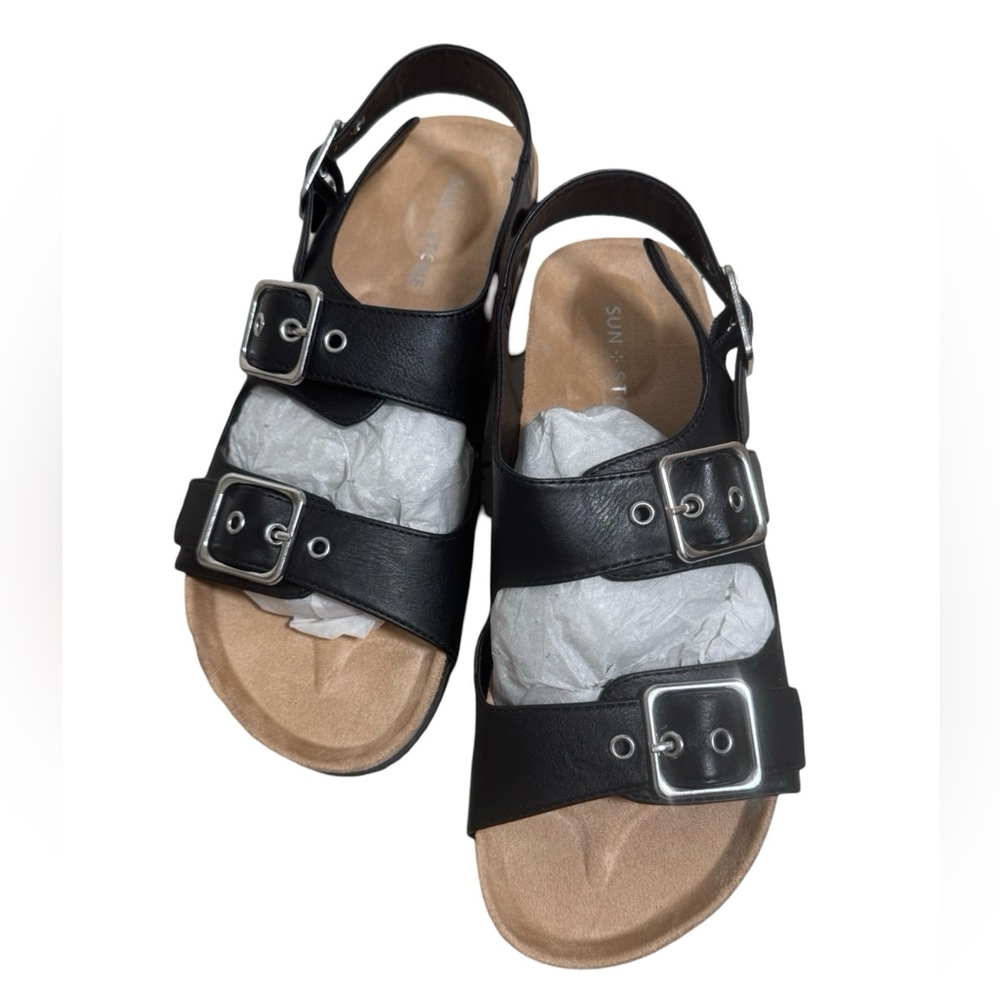 Sun + Stone Black and Tan Sandals